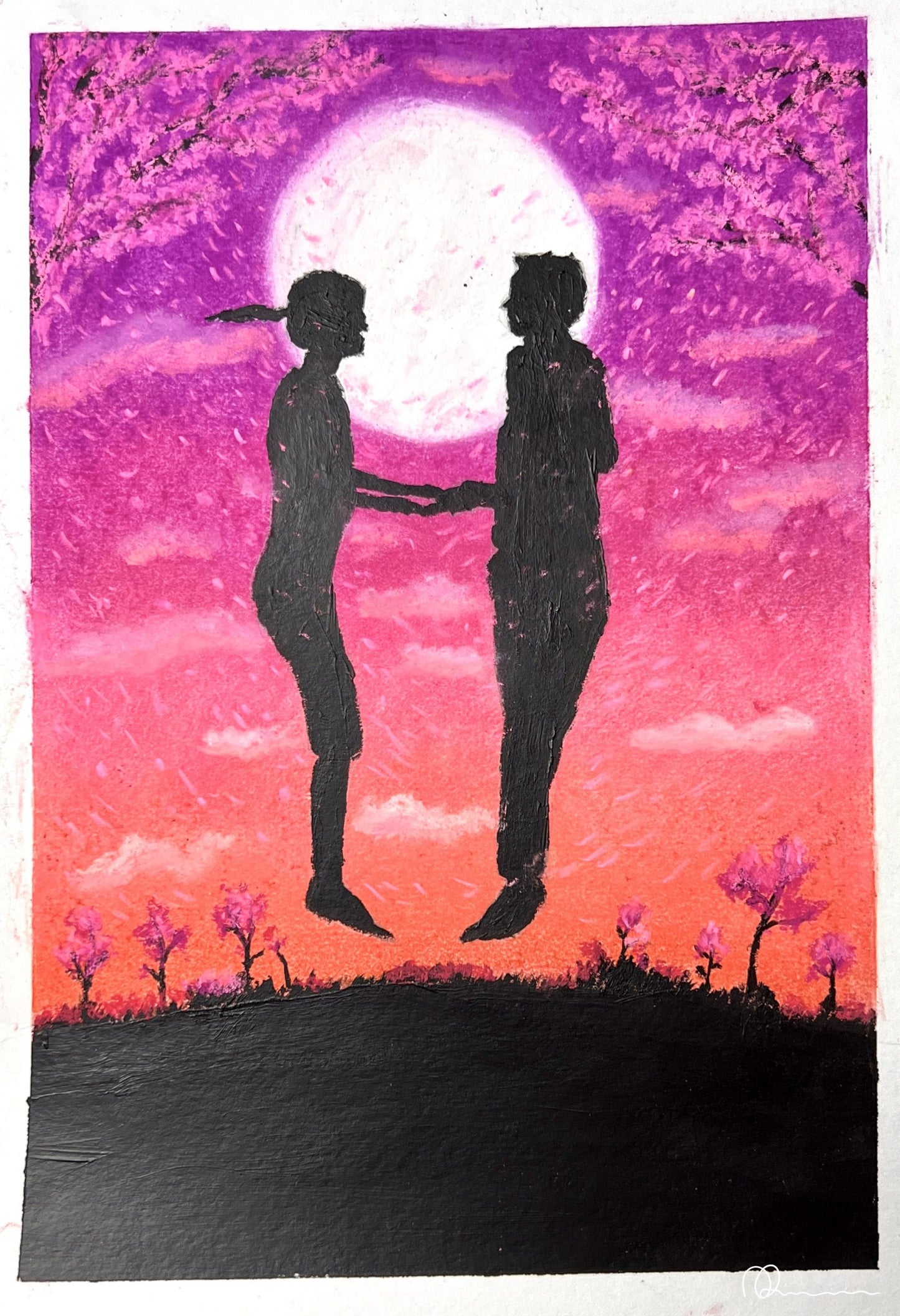 Begins With I, Ends By You, romance, spiritual, pastel drawing, silhouette art