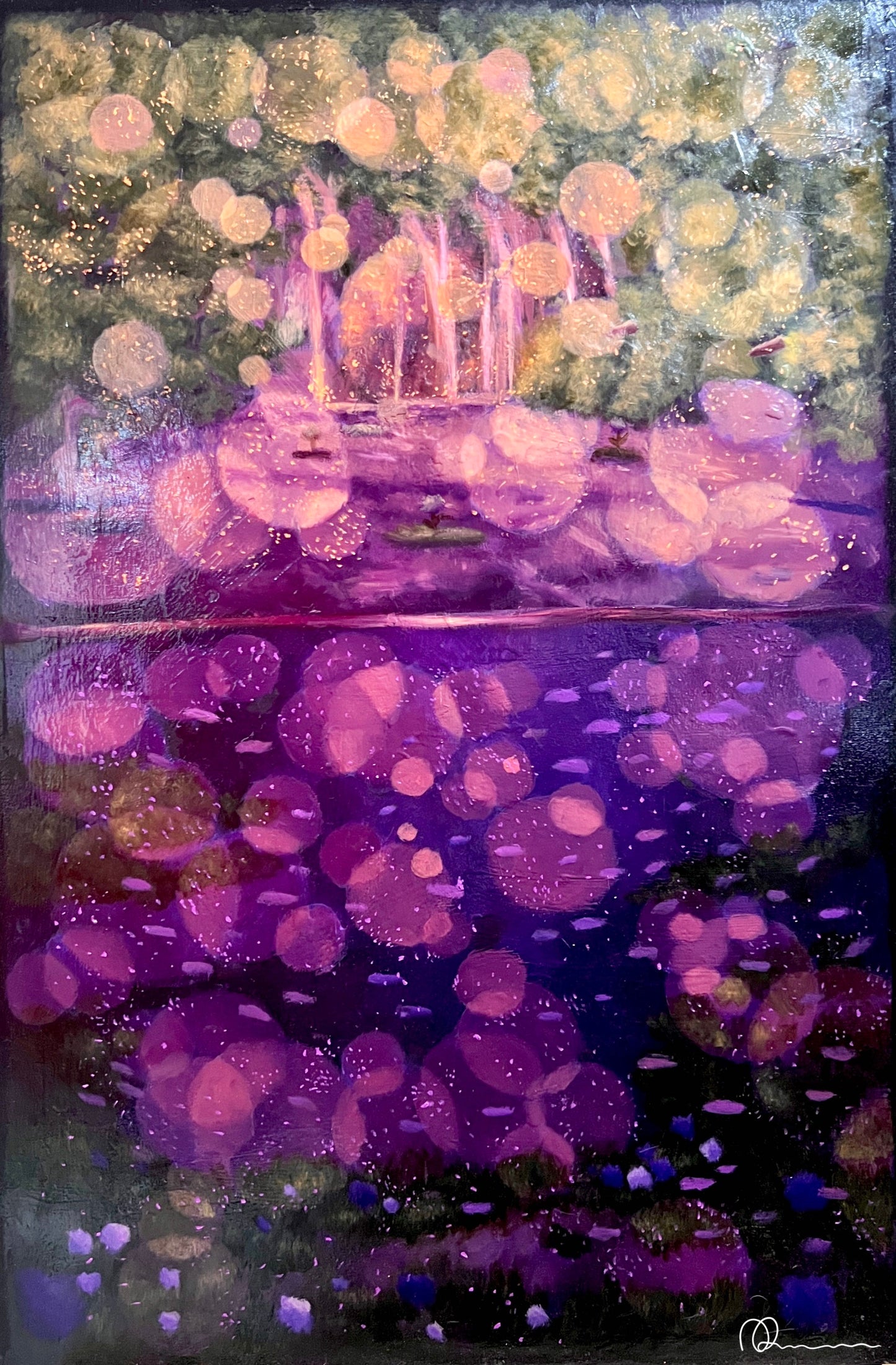 An oil painting featuring a nighttime scene with illuminated circles and a dark background.