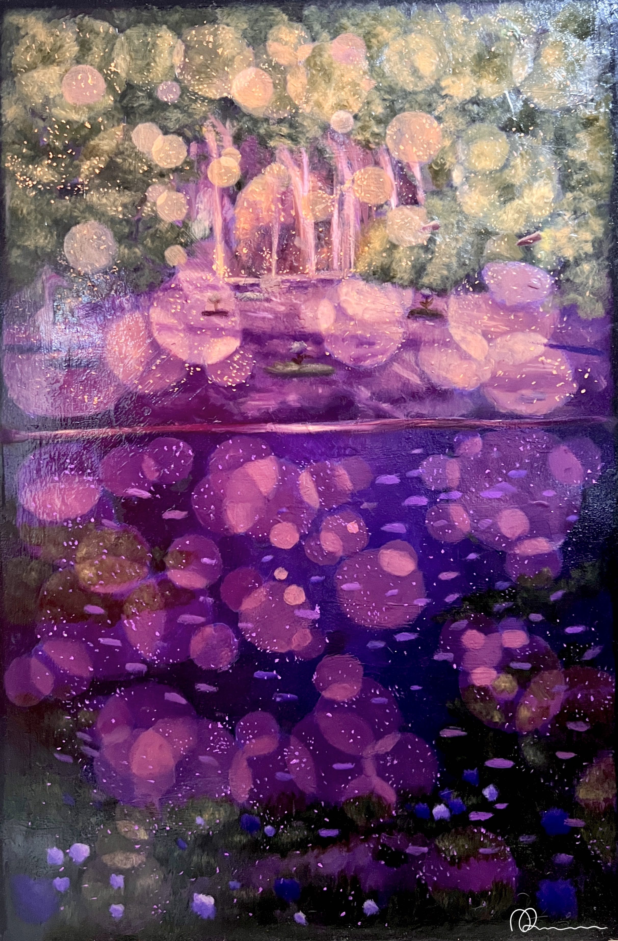 An oil painting featuring a nighttime scene with illuminated circles and a dark background.