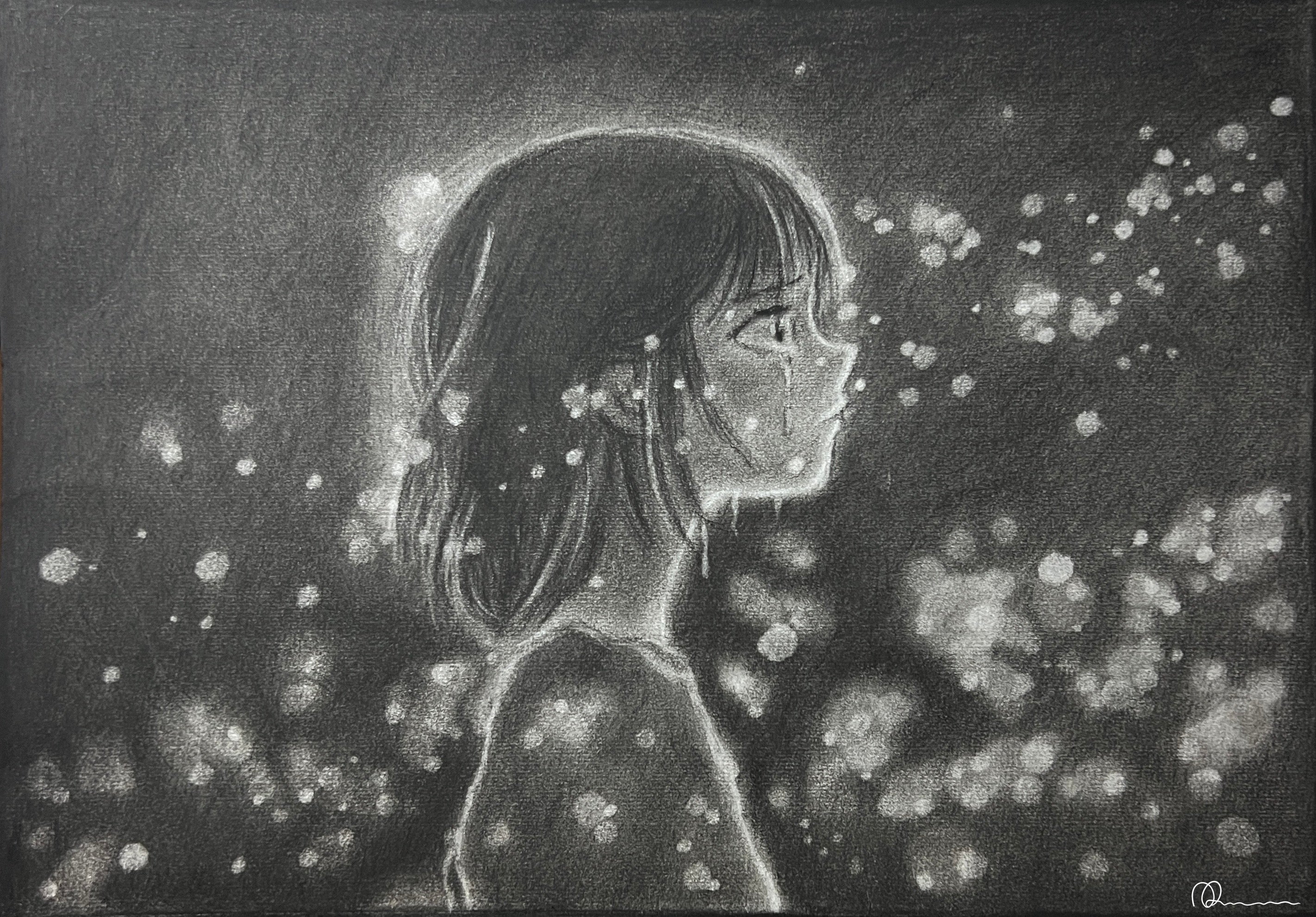 Drawing of a girl with a contemplative expression, surrounded by star-like light patterns in a dark background.