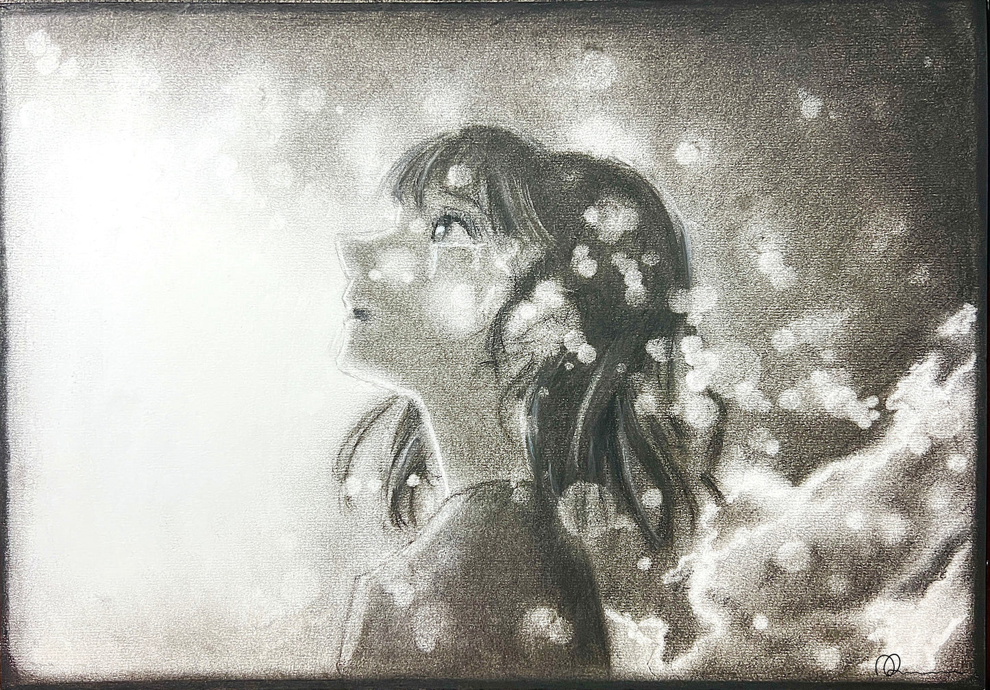 An original drawing of a figure with flowing hair and a light above, surrounded by what appears to be snowflakes or petals.