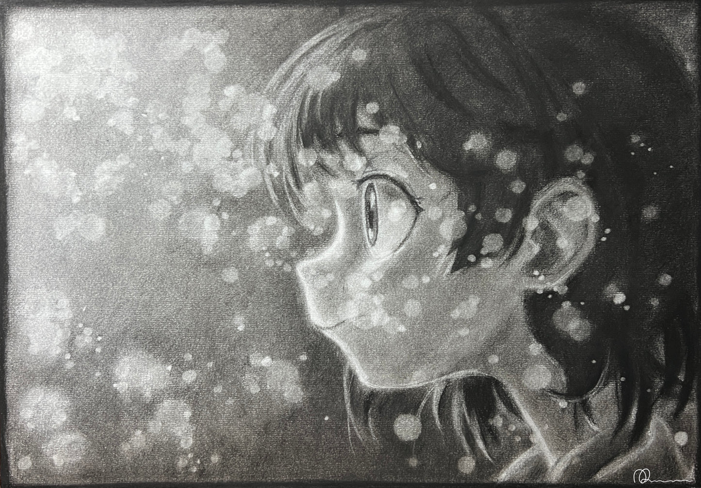 Drawing featuring a stylized, monochrome depiction of a female figure with flowing hair and a contemplative expression, surrounded by small white splashes or droplets, indicative of water or sparks.