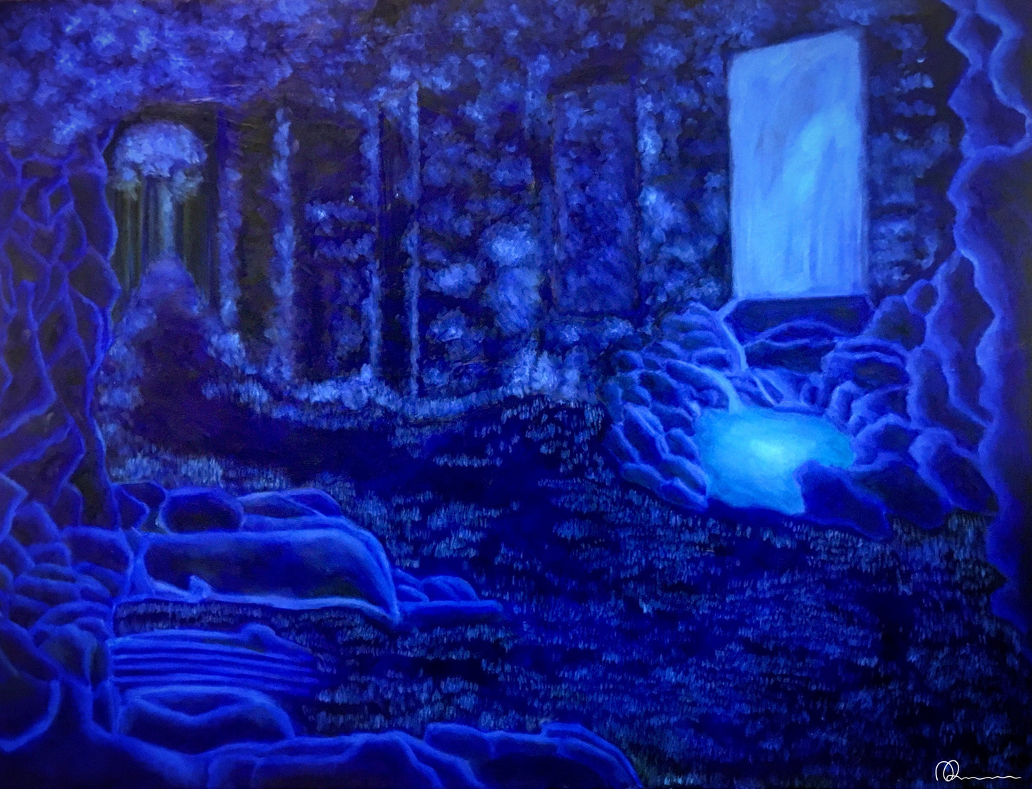 This image features a captivating oil painting titled "In Silence," created on a canvas measuring 91 cm x 71 cm in 2017. The painting depicts a serene and surreal forest scene at night, bathed in a mysterious blue light.