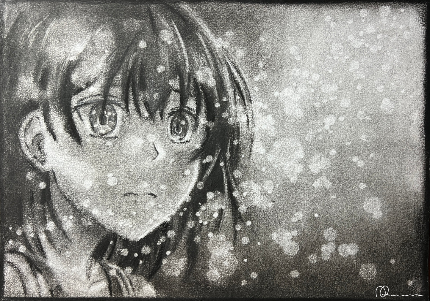 An original drawing of a stylized female character with flowing hair and a dark background with sparks.