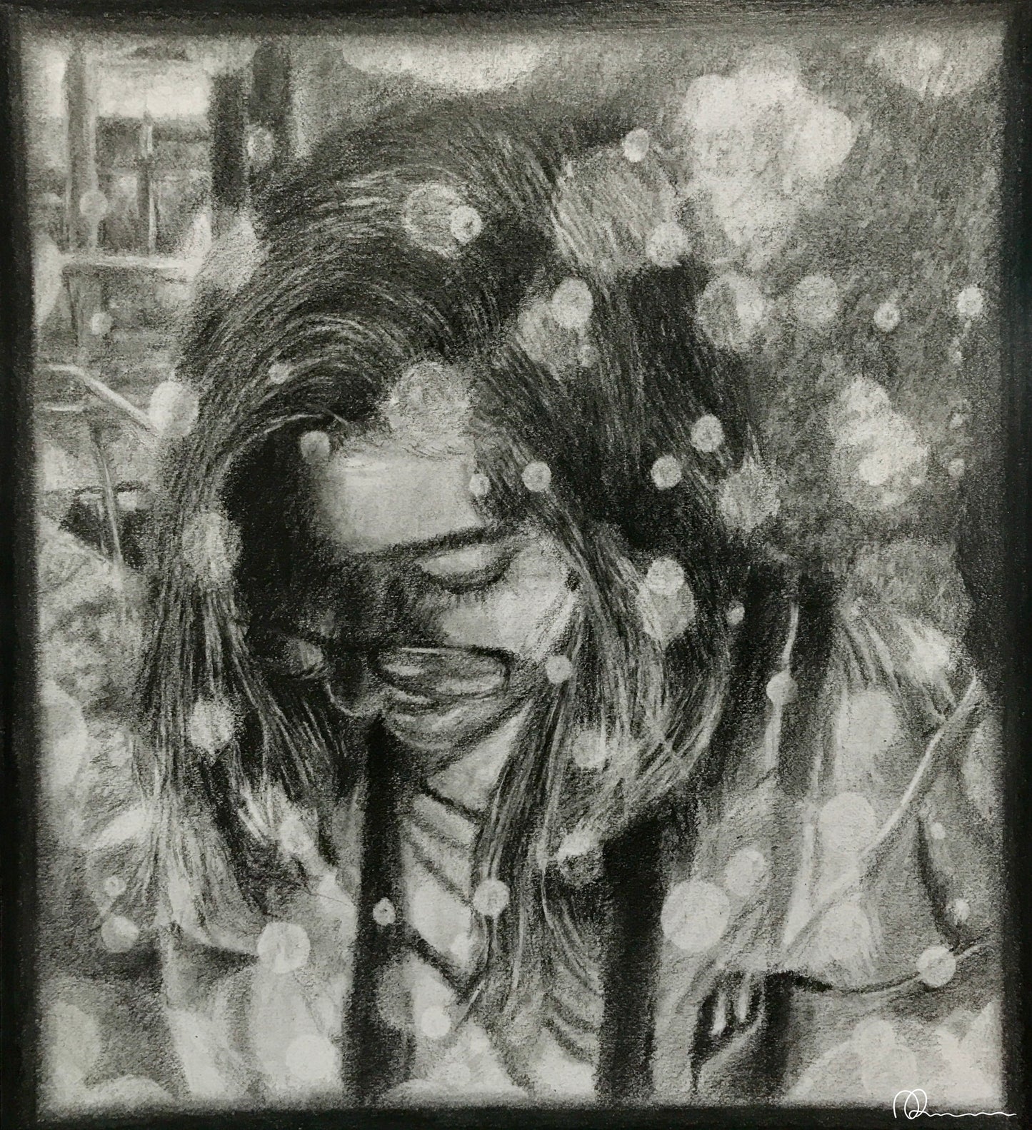 Black and white illustration of a person with flowers in their hair, framed by a border.