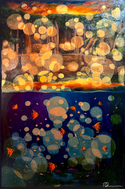 An abstract oil painting featuring shades of orangey brown with elements that evoke a sunset and bokeh light effects.