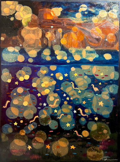 An art print featuring a vibrant and colorful abstract scene with a predominance of blue, yellow, and brown tones.