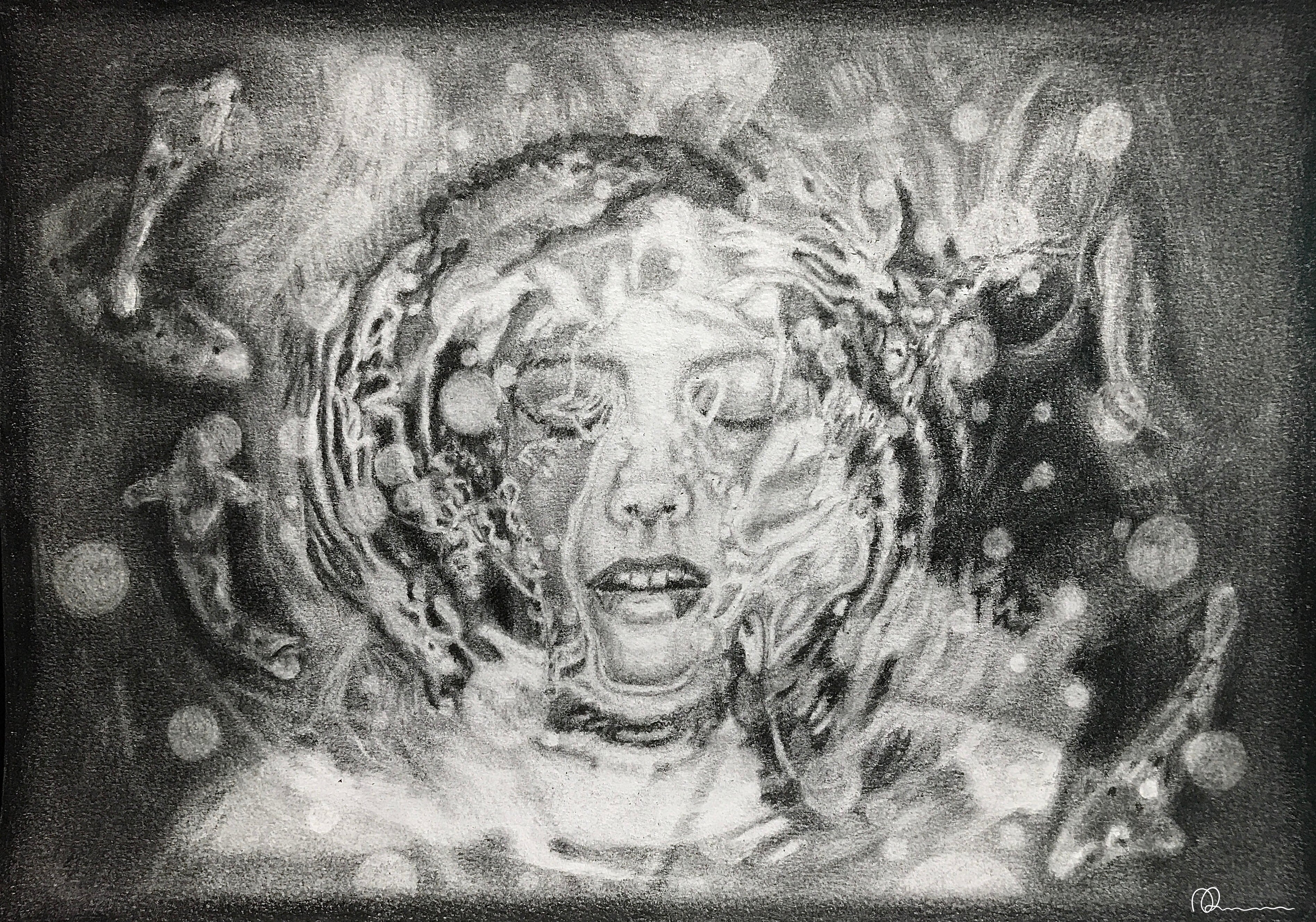 Artistic depiction of a face with abstract elements and swirling patterns.
