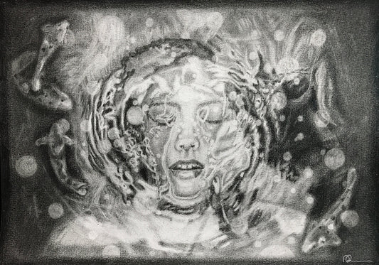 Artistic depiction of a face with abstract elements and swirling patterns.