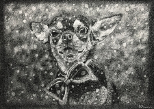 Black and white drawing of a dog with a bow tie on a textured background
