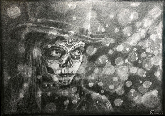Pencil drawing of a person with a skull makeup design and a cowboy hat against a bokeh light background.