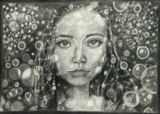 Black and white illustration of a woman's face with abstract patterns around her.