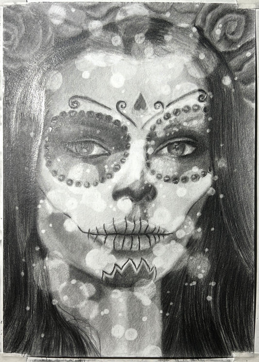 Black and white illustration of a face with intricate patterns, resembling Day of the Dead makeup.