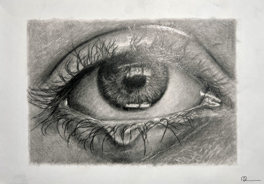 Detailed pencil drawing of a human eye on a white background