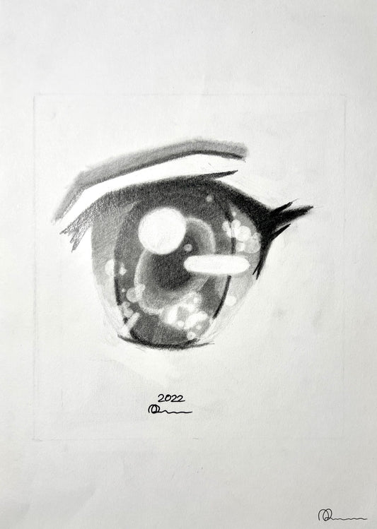 Detailed black and white drawing of an eye on a white background