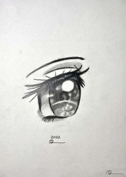 Detailed pencil drawing of an eye on a plain background with '2022' and a signature.