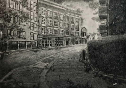 Pencil drawing of a street scene with buildings and a path. 