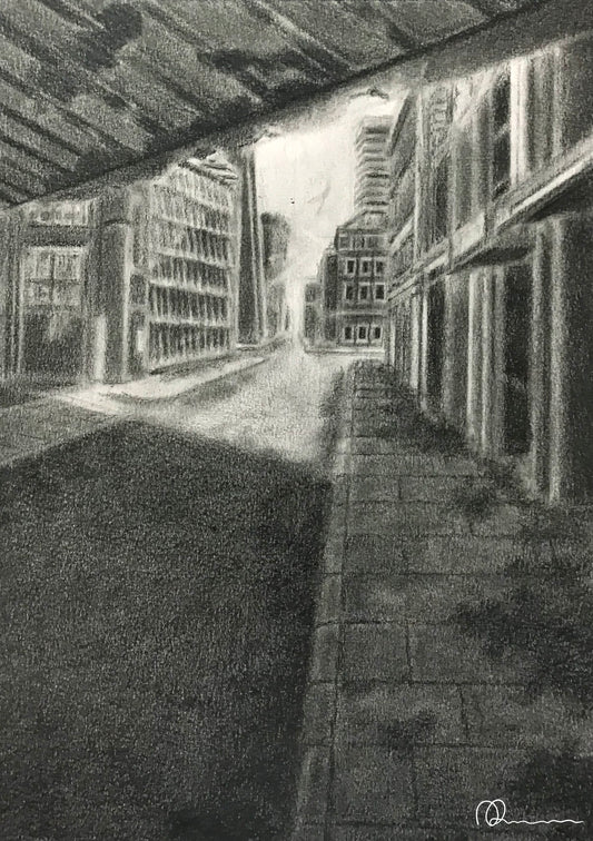 Pencil drawing of a narrow alleyway between buildings