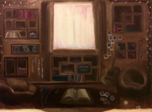 Illustration of a cozy room with bookshelves and a window, featuring warm colors.