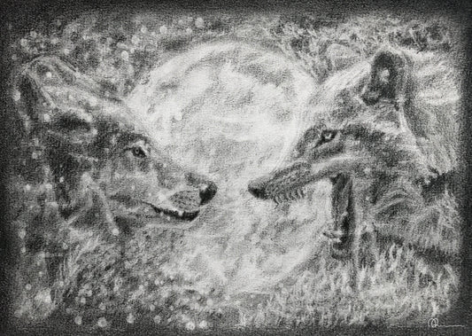 Two wolves facing each other with a full moon in the background