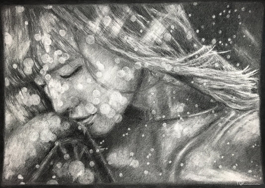Close-up of a person with a decorative headband, surrounded by sparkling effects.