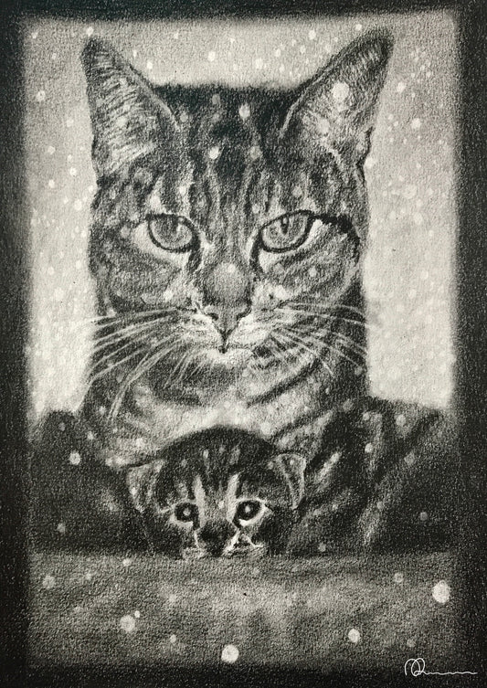 Illustration of a cat with a kitten in its arms against a snowy background