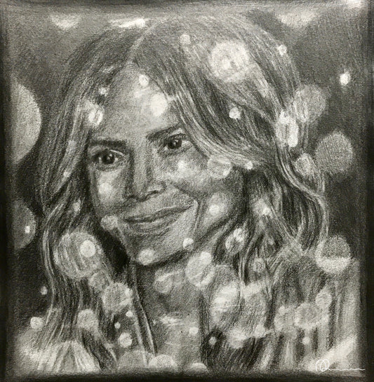 Black and white portrait of a woman with a textured background