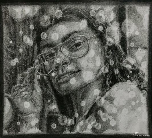 Black and white portrait of a person wearing glasses with a textured overlay