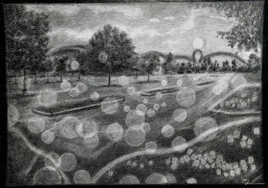 Black and white painting of a park scene with trees and pathways