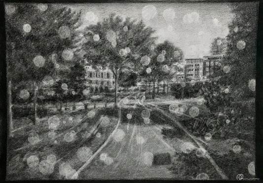 Black and white drawing of a park with trees and buildings