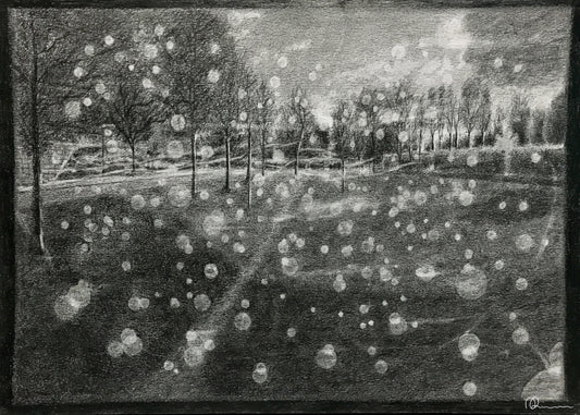 Black and white drawing of a landscape with trees and a road.