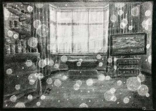 Black and white drawing of a room with furniture and a window.