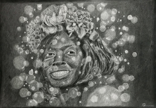 Black and white drawing of a person with a floral headpiece against a bokeh background
