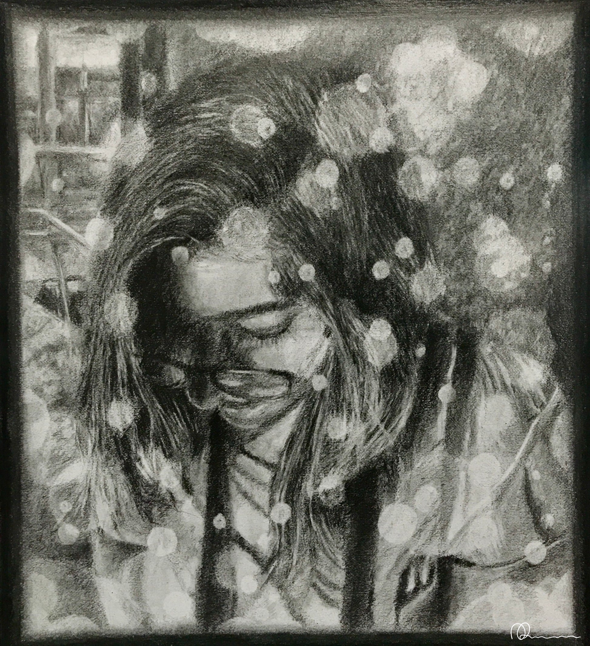 Black and white illustration of a person with flowers in their hair, framed by a border.