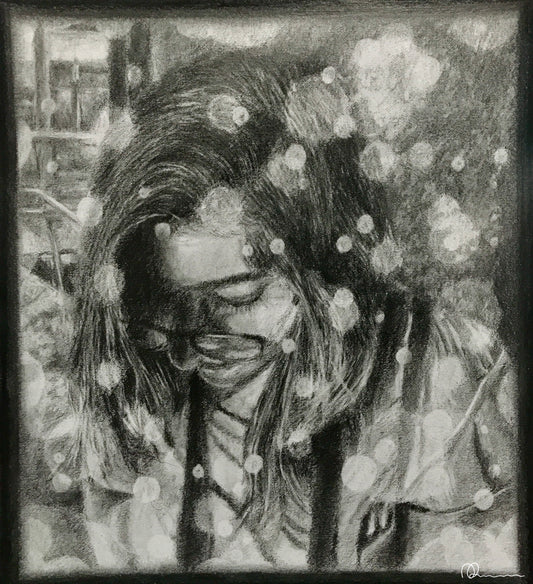 Black and white illustration of a person with flowers in their hair, framed by a border.