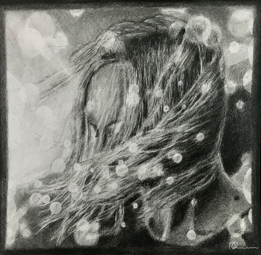 Black and white abstract artwork with flowing lines and dots