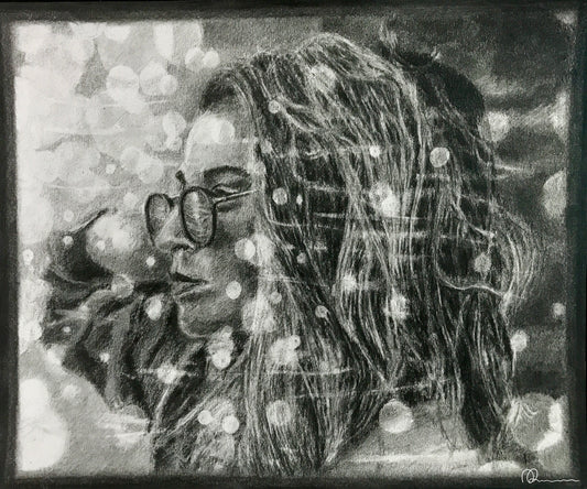 Black and white drawing of a person with glasses and textured hair.