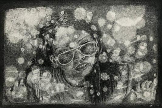 Black and white drawing of a person wearing sunglasses with a blurred background