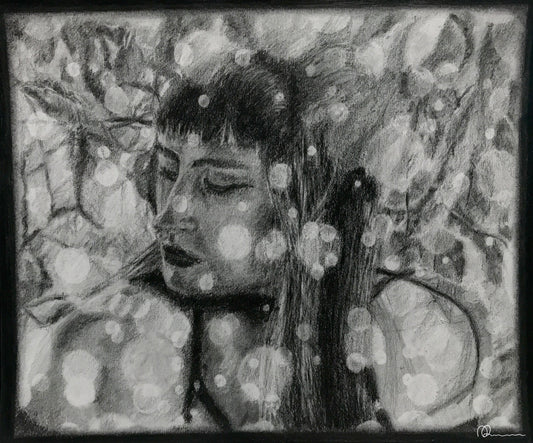 Black and white artwork of a woman with flowers in her hair