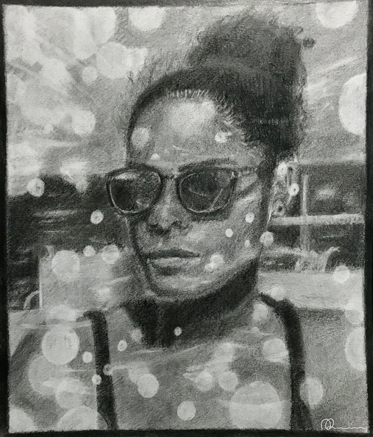 Black and white portrait with abstract patterns overlay