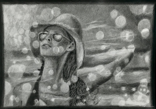 Black and white drawing of a person wearing sunglasses and a hat with abstract background