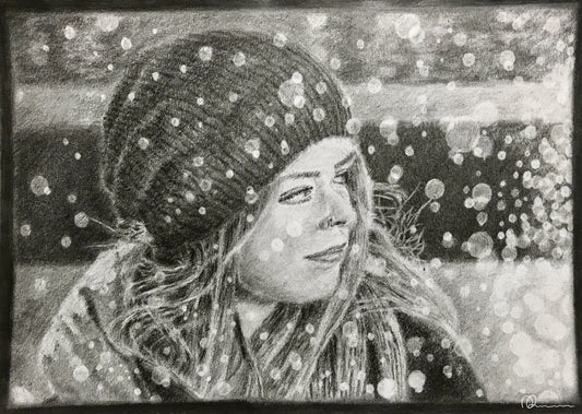 Artistic depiction of a person wearing a beanie with snowflakes falling around.