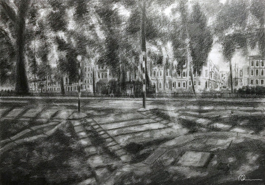 Pencil drawing of a park with trees and buildings in the background
