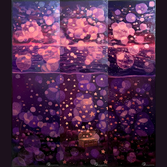 Colorful abstract pattern with bubbles and stars on a dark background