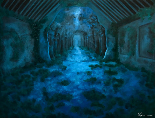 Mystical forest scene with a glowing archway in the center, surrounded by trees and mist.
