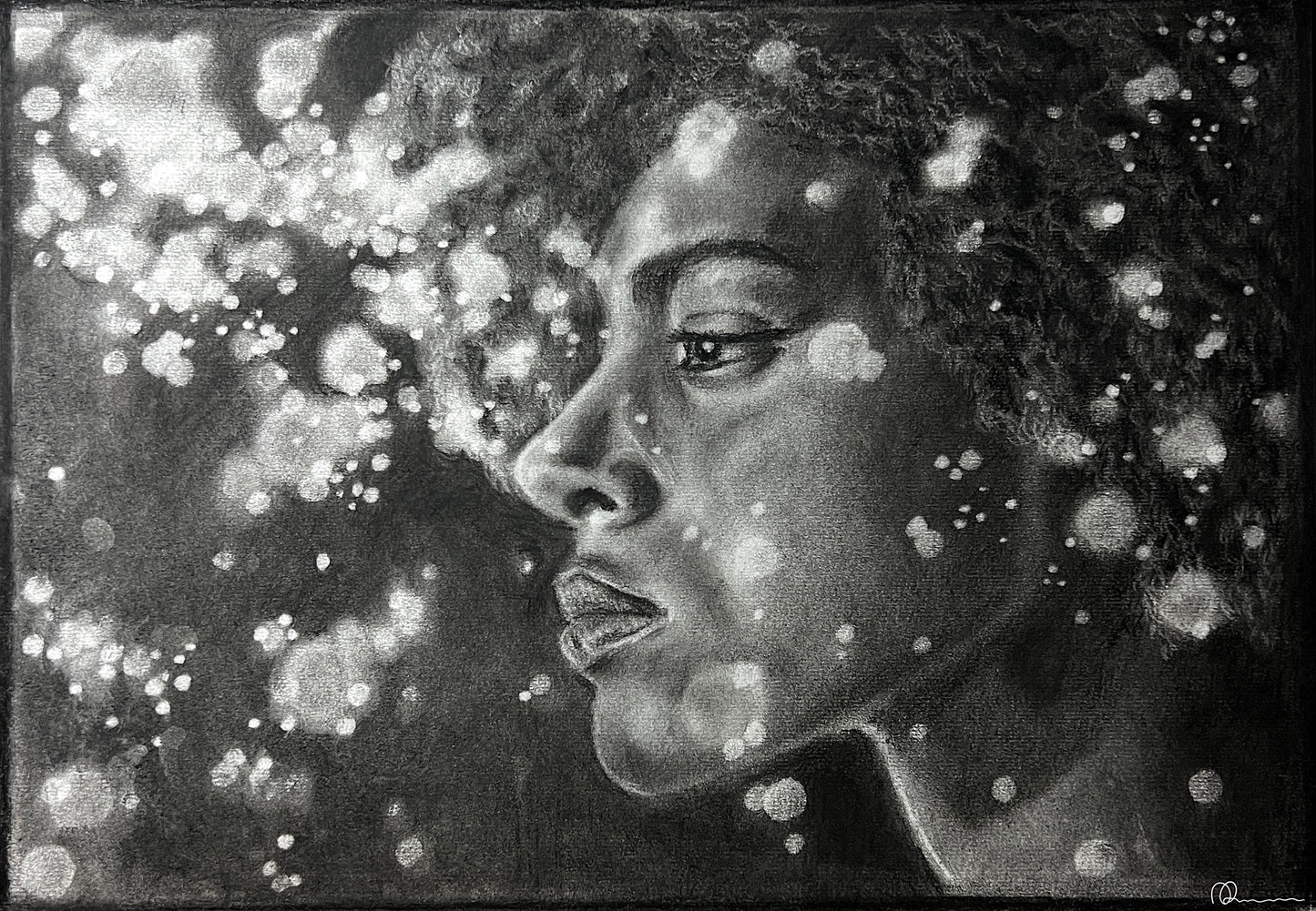 An original drawing of a woman's face with abstract dots and lines in shades of charcoal and conté.