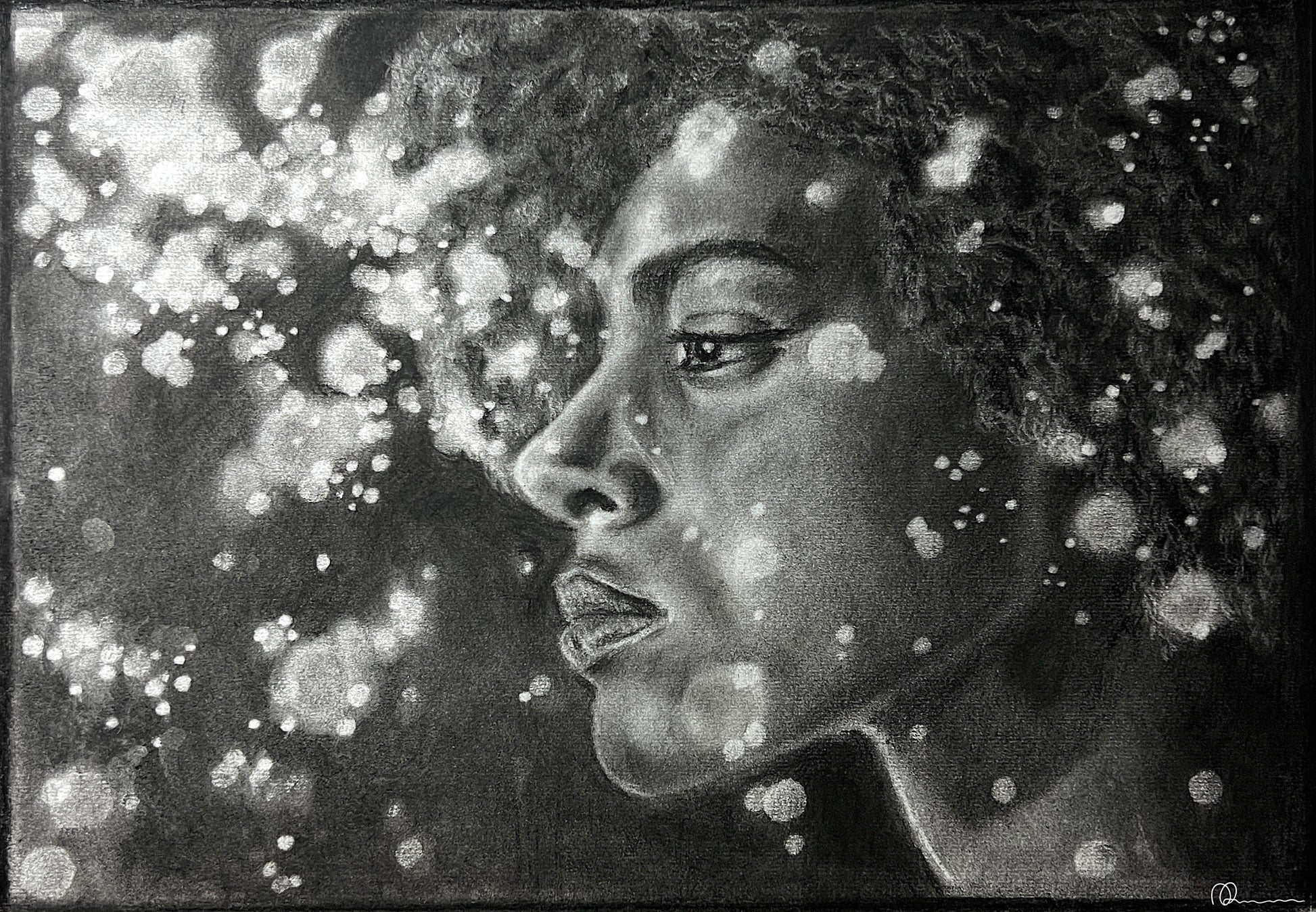 An original drawing of a woman's face with abstract dots and lines in shades of charcoal and conté.